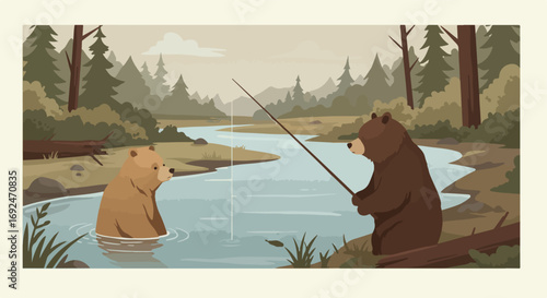 Cartoon bears fishing in a forest river, with trees and brown ground