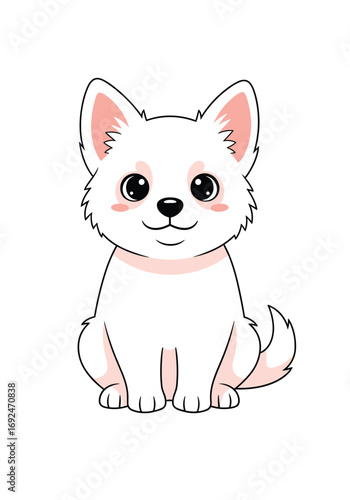 Adorable fluffy white puppy dog sitting looking upwards with cute pink cheeks