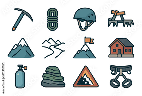 Climbing and mountaineering linear icons set. featuring ice axe, rope, helmet, crampons, and mountains.