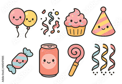 Party celebration flat icon set. featuring balloons, confetti, cupcake, party hat, candy, soda can.