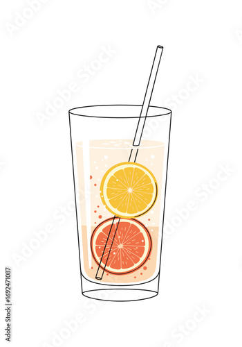Refreshing citrus drink with sliced orange and grapefruit and a straw