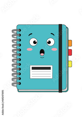 Cute teal notebook with googly eyes and shocked expression front cover