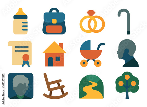 Family life flat icons set. featuring baby bottle, backpack, wedding rings, cane, and certificate symbols.