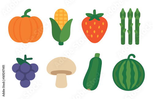 Fruits and vegetables flat icon set. featuring pumpkin, corn, strawberry, asparagus, grapes, mushroom, zucchini, watermelon..