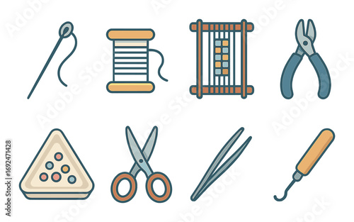 Craft tools flat icon set. featuring needle, thread, loom, pliers, yarn, scissors, tweezers, and awl symbols.