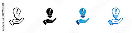 Idea Support Multiple Style Icon Design Vector - hand holding a lightbulb with an exclamation mark, representing support for innovation, new ideas, or creative solutions