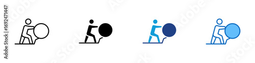 Hard Work Multiple Style Icon Design Vector - Person pushing a large circle uphill, indicating persistence, effort, or overcoming challenges