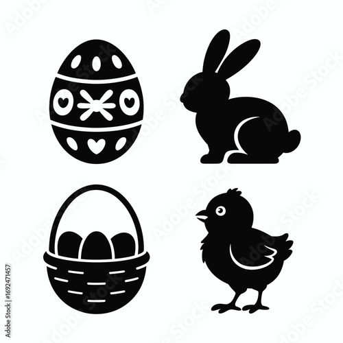 Easter holiday icons black silhouettes a festive collection of bunny egg basket and chick silhouette vector illustration white background