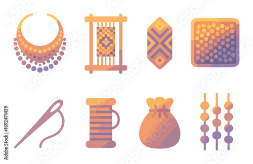 Traditional crafts silhouette icon set. featuring necklace, loom, rug, beading, needle, thread, pouch, beads symbols.