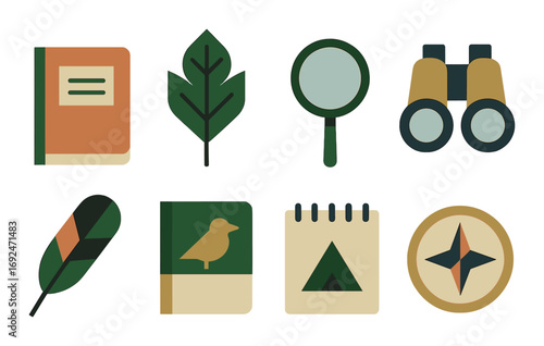 Nature exploration flat icon set. featuring notebook, leaf, magnifying glass, binoculars, feather, journal, tent, compass..