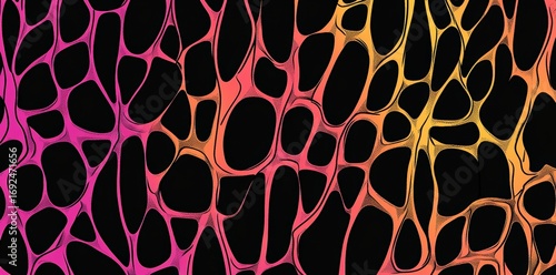 This trendy design for print and fabric features a modern background that blends chaotic shapes, lines, and patches in a neon pink and orange gradient texture, reflecting the sporty, funky style of