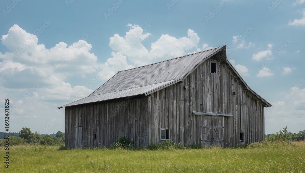Obraz premium Rustic Structure Amidst Field, Cloudy Sky Above Grainy Texture, Wooden Details.