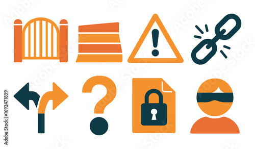 Cybersecurity alert flat icons set. featuring warning, lock, hacker, chain, gate, redirect, and question symbols.