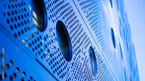 The facade of this architectural structure is characterized by an abstract blue color scheme, circular openings, and a distinctive perforated metal texture that reveals its underlying structural
