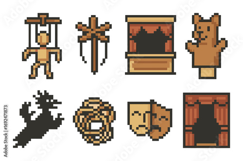 Theater pixel icon set. featuring puppet, sword, stage, mask, curtain, dragon, and bear icons.