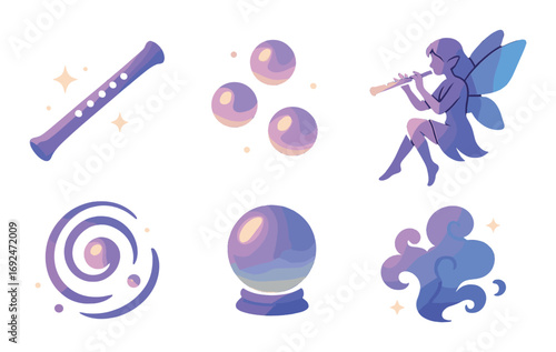 Magical elements flat icon set. featuring fairy, flute, magic bubbles, spiral, crystal ball, and cloud symbols.