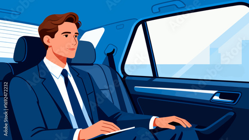 Business figures, sitting in a business car, reviewing documents, driving, flat design, vector illustrations