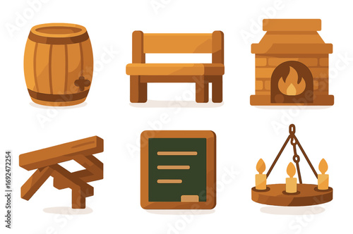 Rustic living flat icons set. featuring barrel, bench, fireplace, fence, chalkboard, chandelier.