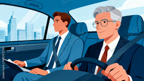 Business figures, sitting in a business car, reviewing documents, driving, flat design, vector illustrations