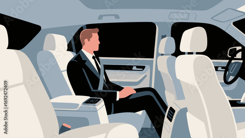 Business figures, sitting in a business car, reviewing documents, driving, flat design, vector illustrations