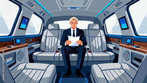 Business figures, sitting in a business car, reviewing documents, driving, flat design, vector illustrations