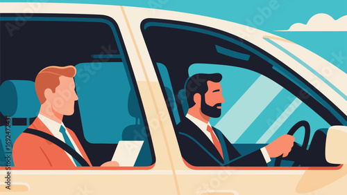 Business figures, sitting in a business car, reviewing documents, driving, flat design, vector illustrations