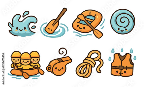 Water sports flat icon set. featuring rafting, whistle, rope, paddle, canoe, wave, spiral, life jacket.
