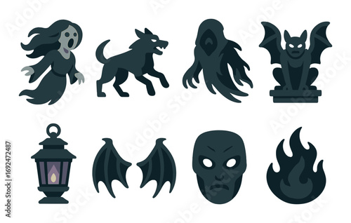 Halloween silhouette icon set. featuring ghost, hellhound, reaper, gargoyle, lantern, bat, mask, fire.