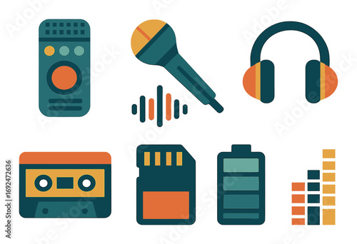 Music equipment flat icon set. featuring microphone, headphones, cassette, sd card, battery, and equalizer symbols.
