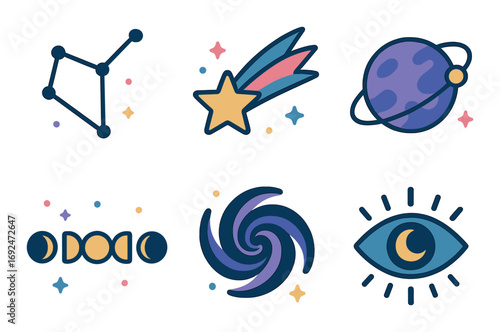 Space and astronomy flat icon set. featuring constellation, comet, planet, lunar phases, spiral galaxy, and eye symbols.