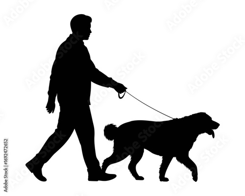 Silhouette of a man walking a large dog on a leash in black and white on a plain background in a simple style