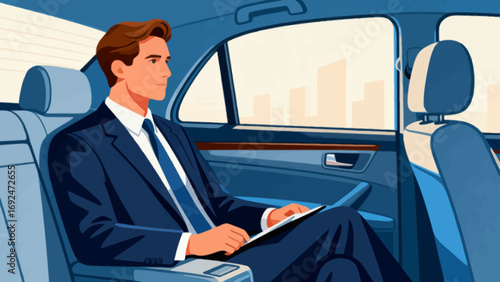 Business figures, sitting in a business car, reviewing documents, driving, flat design, vector illustrations
