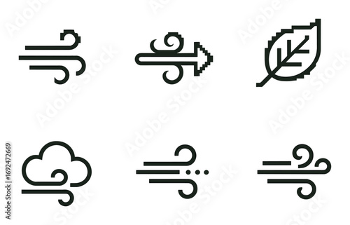 Weather and nature linear icon set. featuring wind, cloud, leaf, breeze, airflow, and gust symbols.