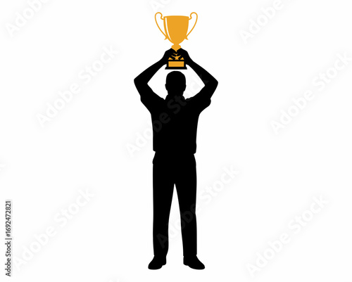 Silhouette of a man holding a golden trophy above his head in a victorious celebration pose on white