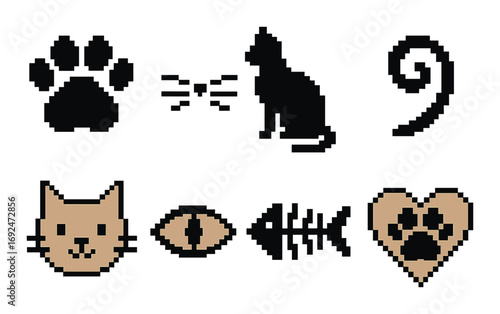 Pet icons silhouette set. featuring paw, whiskers, cat, tail, face, eye, fishbone, heart..