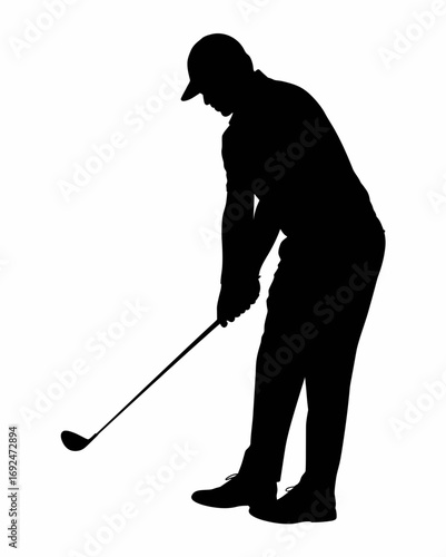 Silhouette of a golfer in mid swing with a golf club on a white background in a side profile view