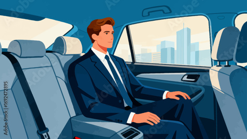 Business figures, sitting in a business car, reviewing documents, driving, flat design, vector illustrations
