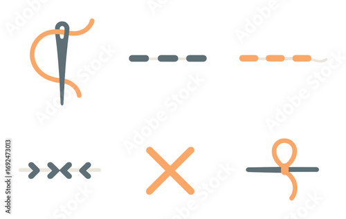 Sewing tools linear icon set. featuring needle, stitch patterns, scissors, thread, button.