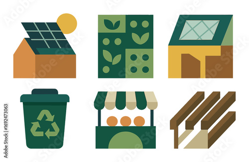 Sustainability flat icon set. featuring solar panels, eco-buildings, recycling, farmers market, composting..
