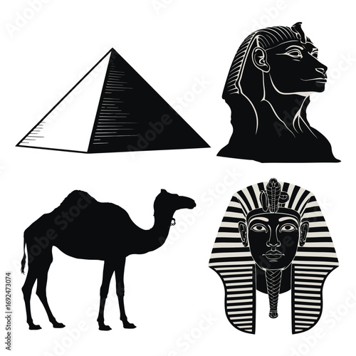 Egyptian icons set featuring pyramids sphinx camel and king tut's mask silhouette vector illustration white background