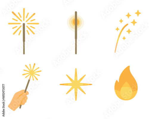 Magic and fire flat icon set. featuring fireworks wand, sparkler, shooting star, flame, and hand with wand symbols.