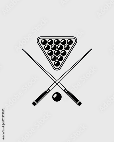 Illustration of a pool ball rack, crossed cues, and a single ball on a light gray background silhouette