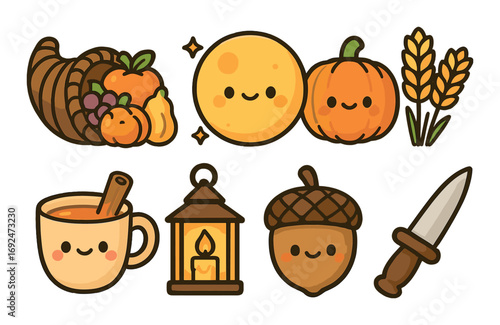 Autumn celebrations kawaii icon set. featuring harvest, moon, pumpkin, wheat, cider, lantern, acorn, and knife symbols.