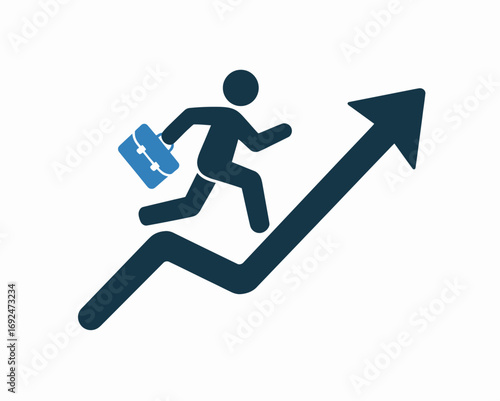 Stick figure running up arrow with briefcase representing career growth and professional development success silhouette