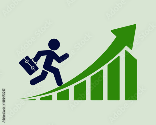 Illustration of a businessman running up a green bar graph with a briefcase in his hand showing growth silhouette