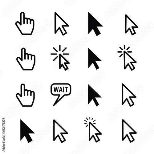 Collection of 12 hand and arrow cursor icons for digital interfaces and web design silhouette vector illustration white background