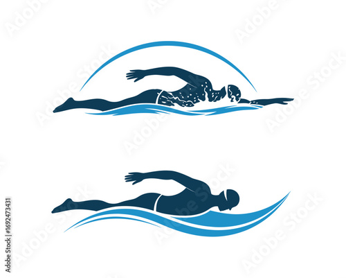 Two stylized swimmer silhouettes in blue swimming in water waves with curved lines above them all
