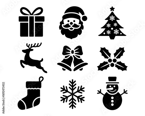 Collection of christmas themed icons including santa claus gift reindeer tree and other holiday symbols silhouette