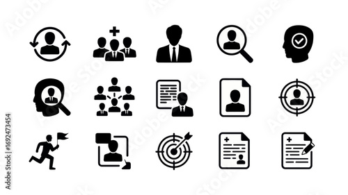 Illustration showing human resources and management icons including recruitment and team management process silhouette