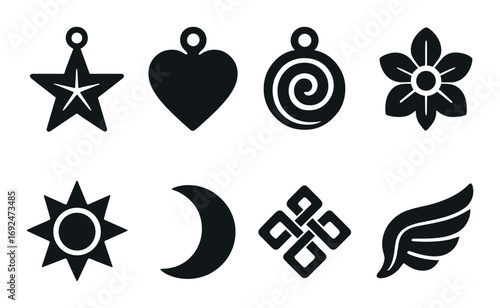 Nature and celestial silhouette icon set. featuring star, heart, spiral, flower, sun, moon, knot, wing symbols.